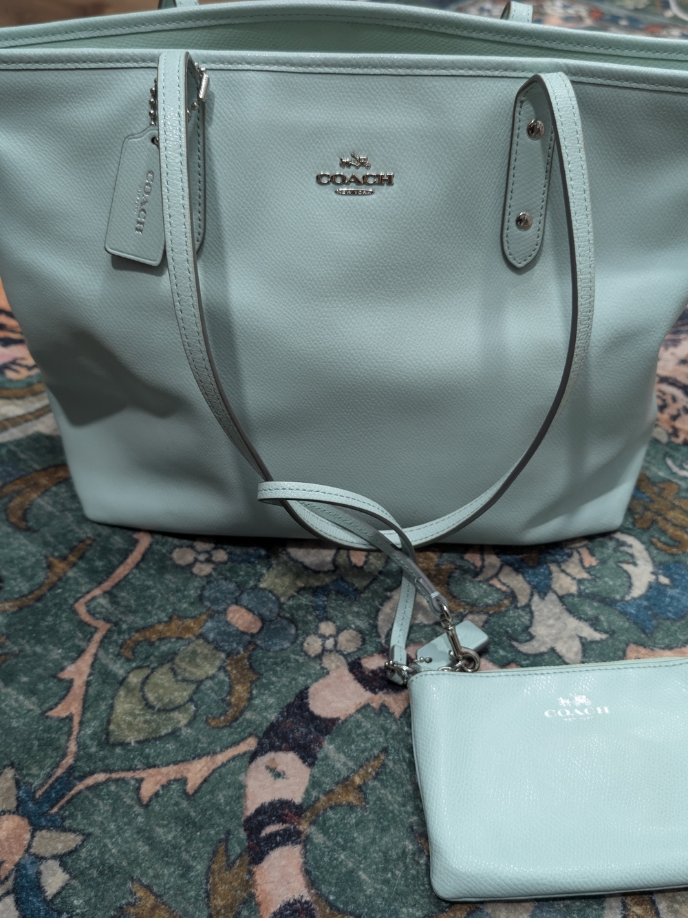COACH Women's Light Mint Leather Tote with Wristlet